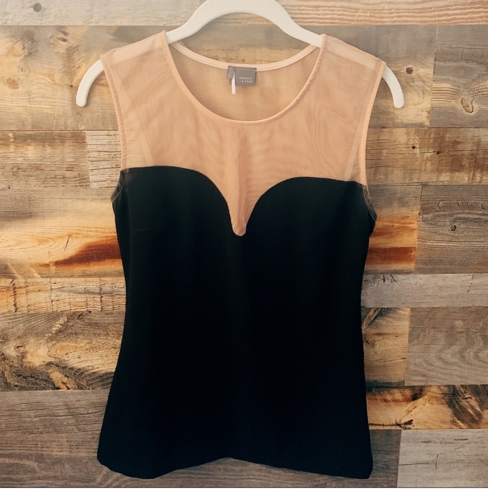 Tight Fitting Black Top with Nude Mesh Detail